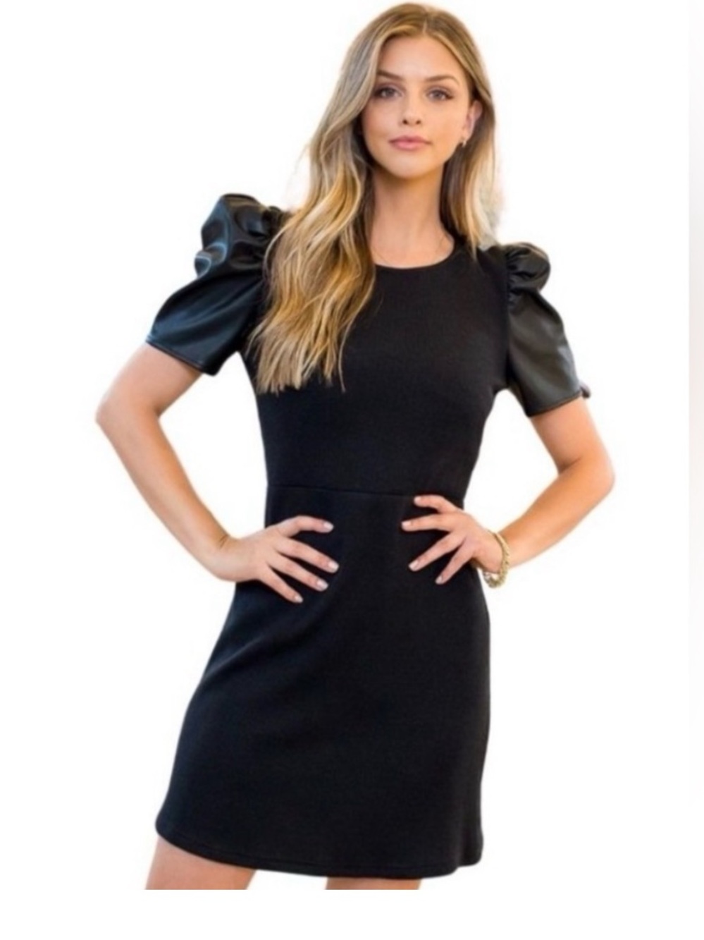 THML Puff Sleeve Black Dress with Faux Leather Sleeves